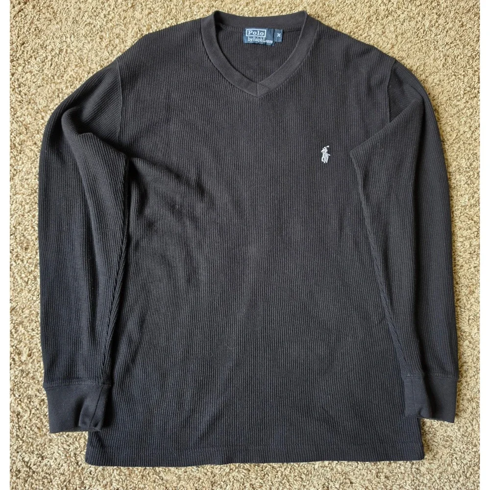 Polo Ralph Lauren Mens Black Waffle Knit Thermal V-Neck Long Sleeve Shirt M